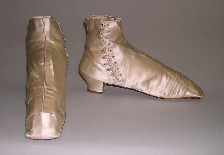 Boots, silk, leather, wood, American 