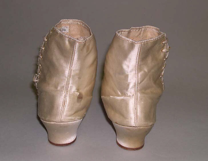Boots, silk, leather, wood, American