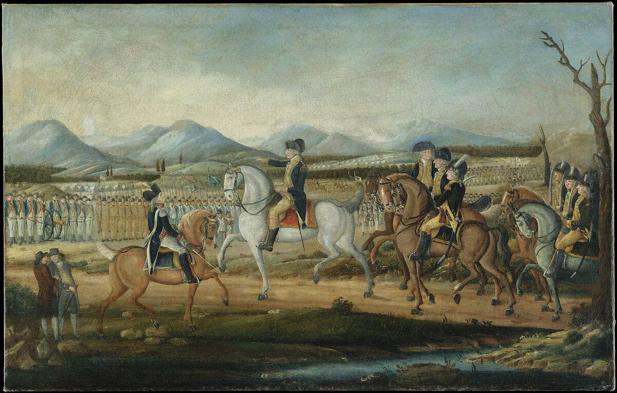 Washington Reviewing the Western Army at Fort Cumberland, Maryland, Attributed to Frederick Kemmelmeyer (ca. 1755–1821), Oil on canvas, American 