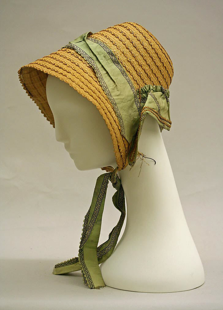 Poke bonnet, straw, silk, American 