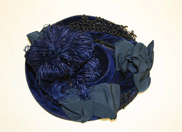Hat, silk, feather, metal, jet, American