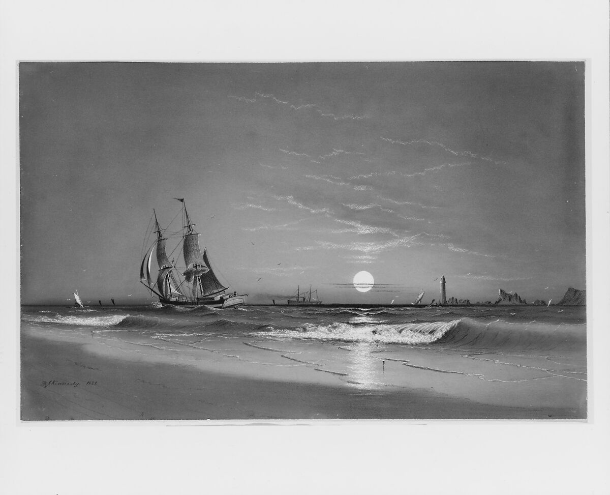 Entrance to Harbor—Moonlight, David Johnson Kennedy (1816/17–1898), Watercolor, gouache, graphite, pastel, and sgraffito on white wove paper coated with gray gouache, American