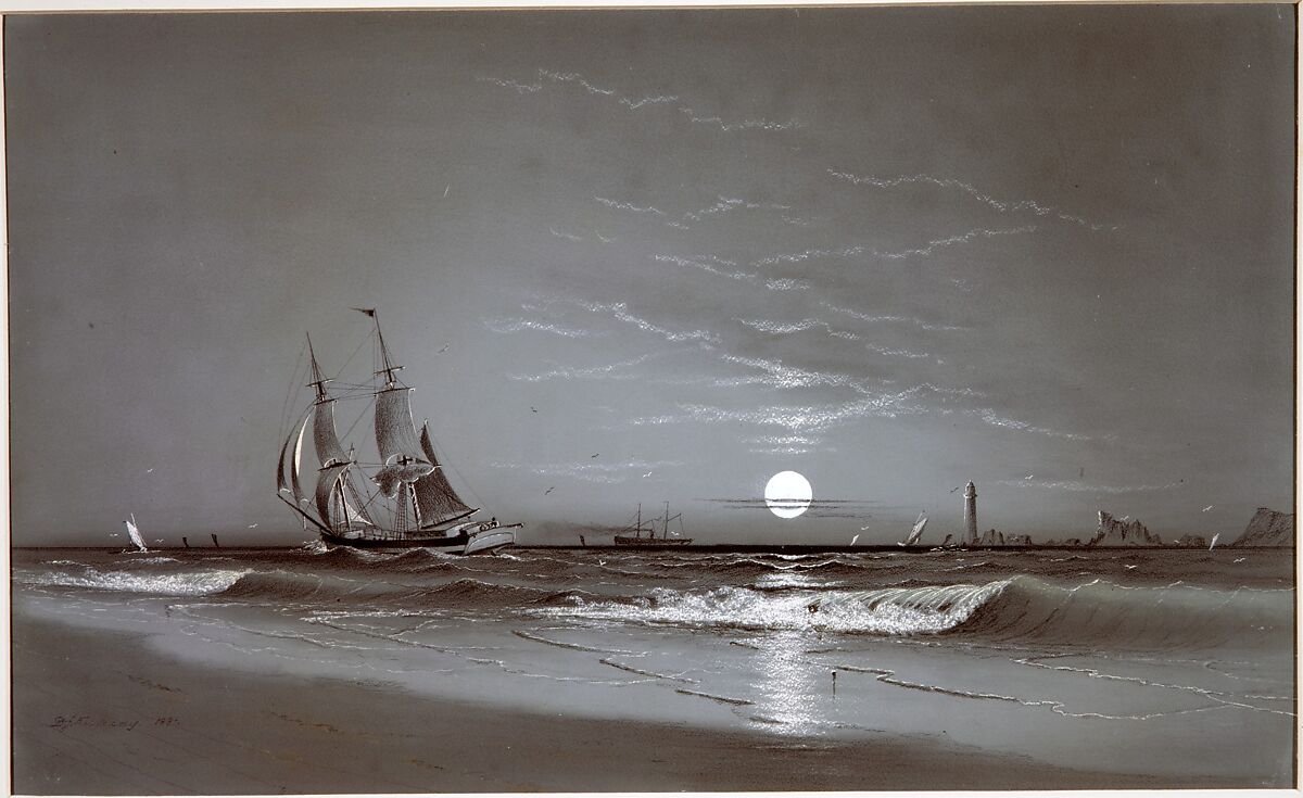 Entrance to Harbor—Moonlight, David Johnson Kennedy (1816/17–1898), Watercolor, gouache, graphite, pastel, and sgraffito on white wove paper coated with gray gouache, American 