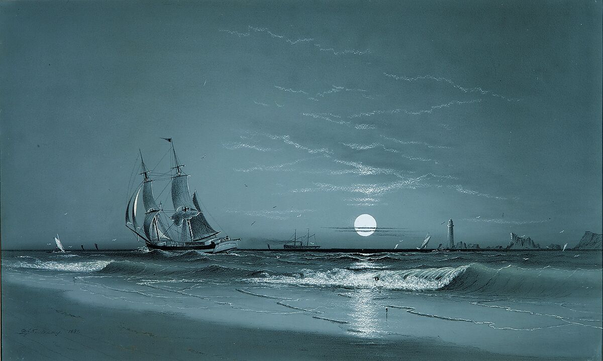 Entrance to Harbor—Moonlight, David Johnson Kennedy (1816/17–1898), Watercolor, gouache, graphite, pastel, and sgraffito on white wove paper coated with gray gouache, American