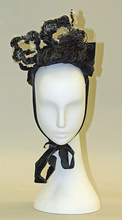 Bonnet, silk, feathers, raffia, American or European 