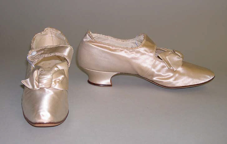 Wedding slippers, silk, leather, metal, American 