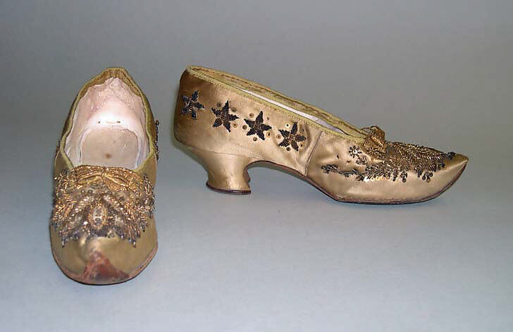 Evening shoes, silk, leather, metallic, probably American 