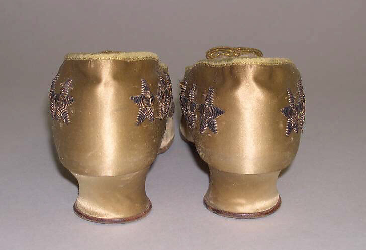 Evening shoes, silk, leather, metallic, probably American