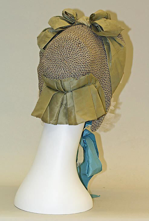 Bonnet, silk, horsehair, straw, wire, American