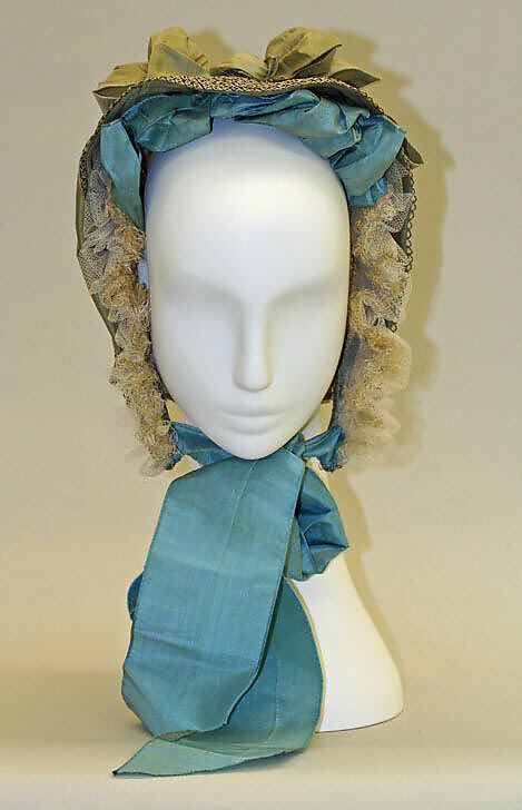 Bonnet, silk, horsehair, straw, wire, American