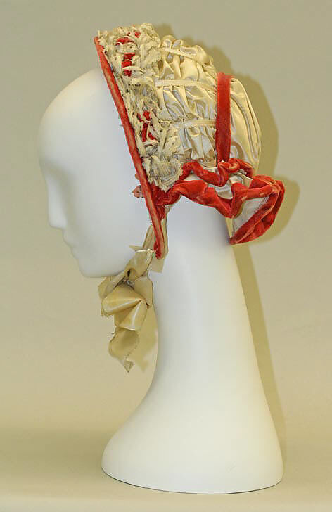 Promenade bonnet, silk, wire, cotton, American 