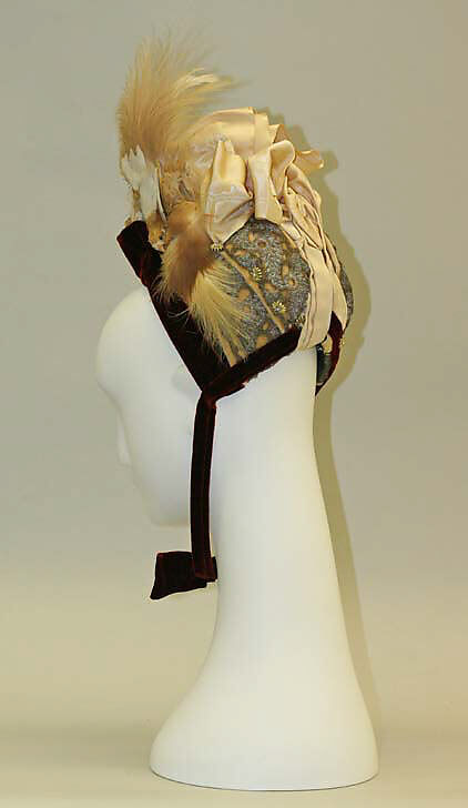 Bonnet, silk, feathers, metal, American