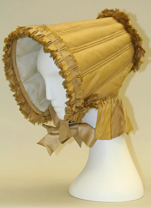 Bonnet, silk, cotton, metal, American 