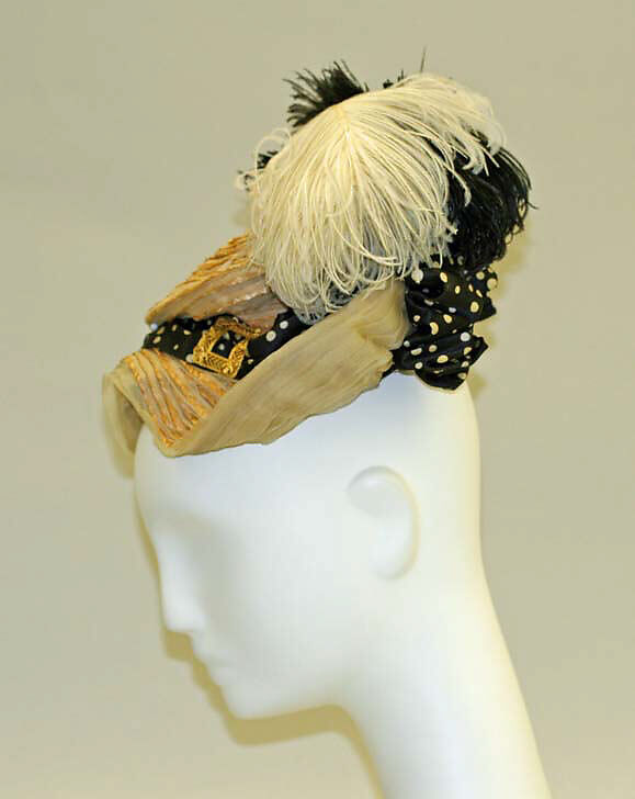 Tricorne, straw, silk, metal, feathers, American