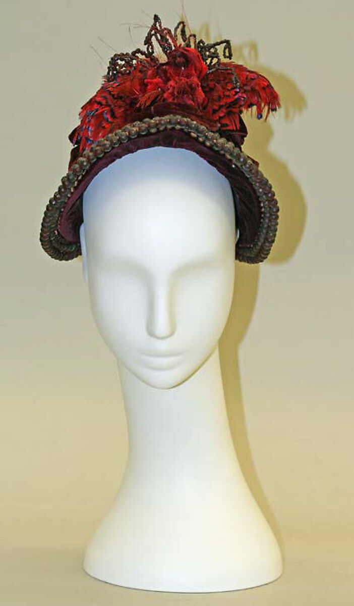 Bonnet, silk, beads, feathers, wire, French
