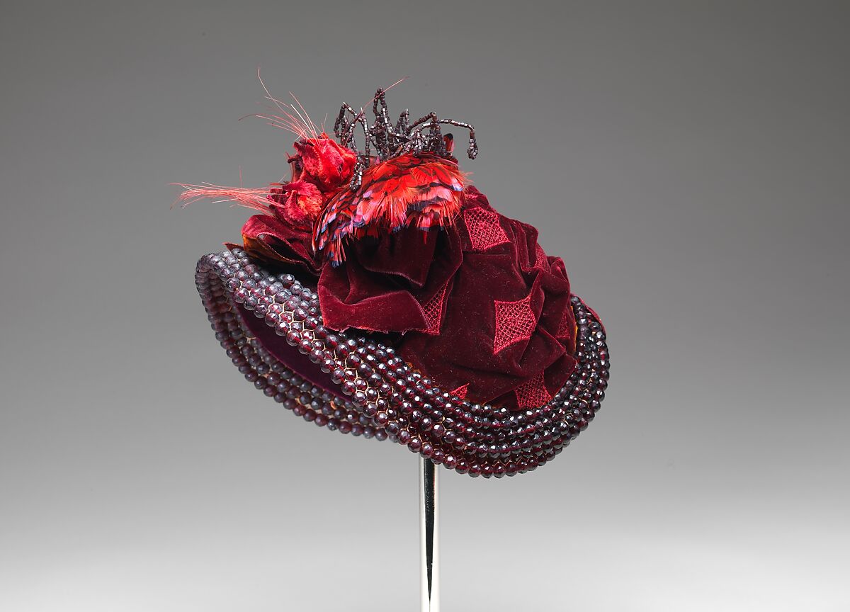 Bonnet, silk, beads, feathers, wire, French 