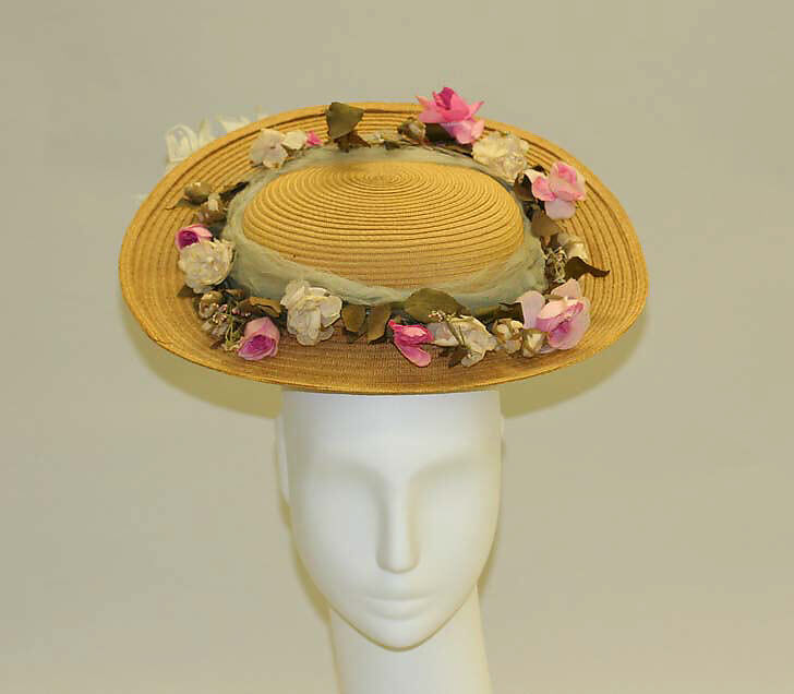 Hat, straw, silk, feathers, American 