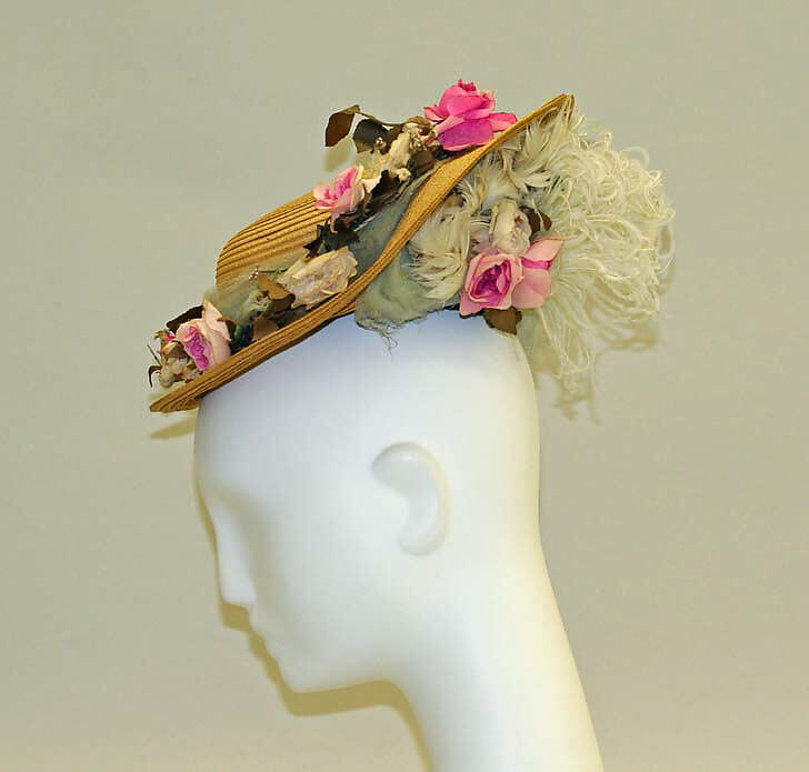 Hat, straw, silk, feathers, American