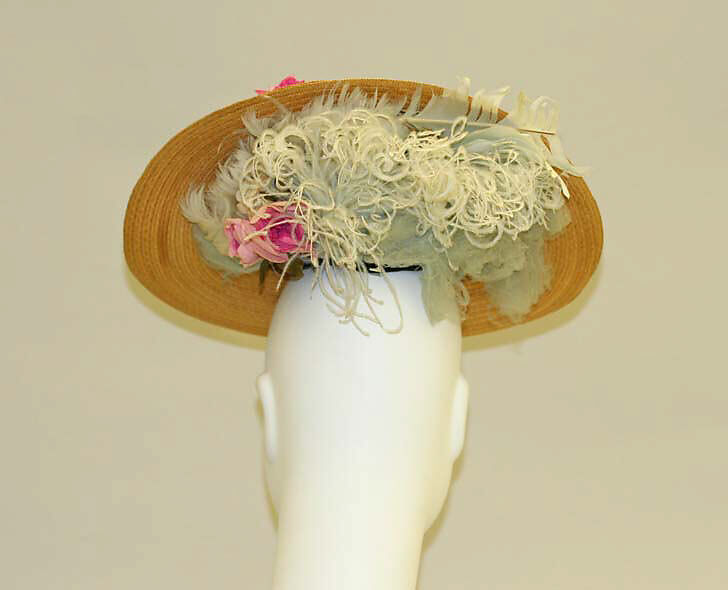 Hat, straw, silk, feathers, American