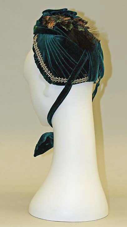 Bonnet, silk, feathers, metal, American