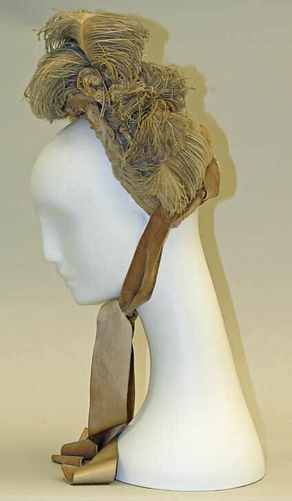 Bonnet, silk, feathers, American or European 