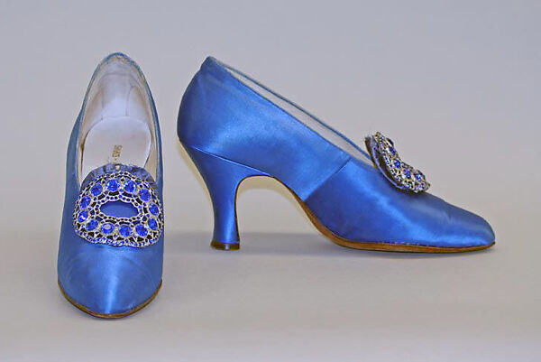 Evening pumps, Fenton Footwear, silk, glass, metal, leather, American 