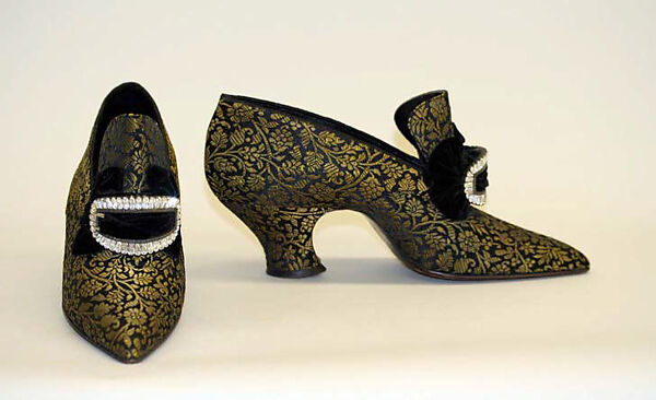 Pumps, Pierre Yantorny (Italian, 1874–1936), (a, b) silk, metallic thread; (c–h) wood, French 