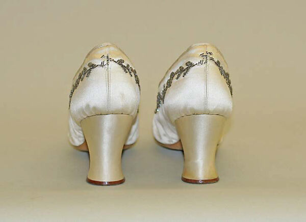 Evening shoes, silk, glass, metal, British