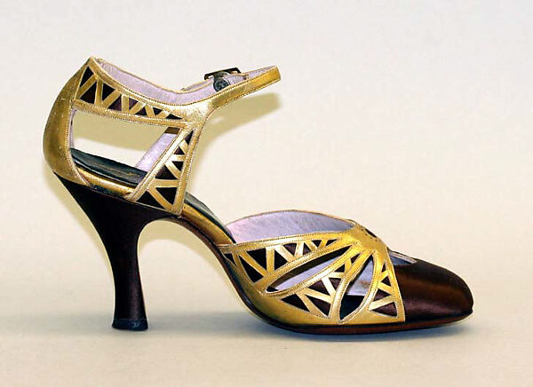 Evening sandals, Morris Wolock &amp; Co., metallic leather, rayon, metal, American 