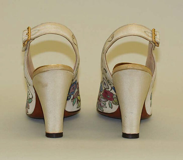 Evening pumps, John Marino, Inc., a,b) rayon, leather, metal, textile paints, American