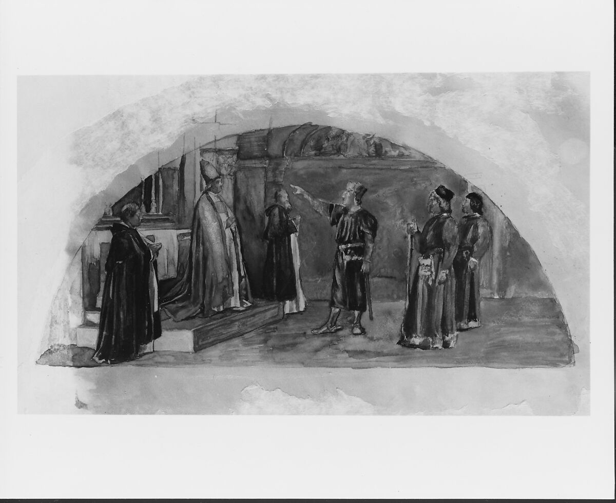 The Adjustment of Conflicting Interests: Count Raymond of Toulouse Swears at the Altar to Observe the Liberties of the City;ì Color Study for Mural, Supreme Court Room, Minnesota State Capitol,ì Saint Paul, John La Farge (American, New York 1835–1910 Providence, Rhode Island), Gouache, watercolor, and graphite on white wove paper, American