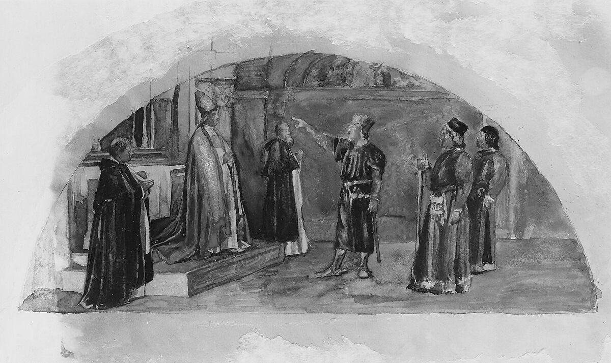 The Adjustment of Conflicting Interests: Count Raymond of Toulouse Swears at the Altar to Observe the Liberties of the City;ì Color Study for Mural, Supreme Court Room, Minnesota State Capitol,ì Saint Paul, John La Farge (American, New York 1835–1910 Providence, Rhode Island), Gouache, watercolor, and graphite on white wove paper, American 