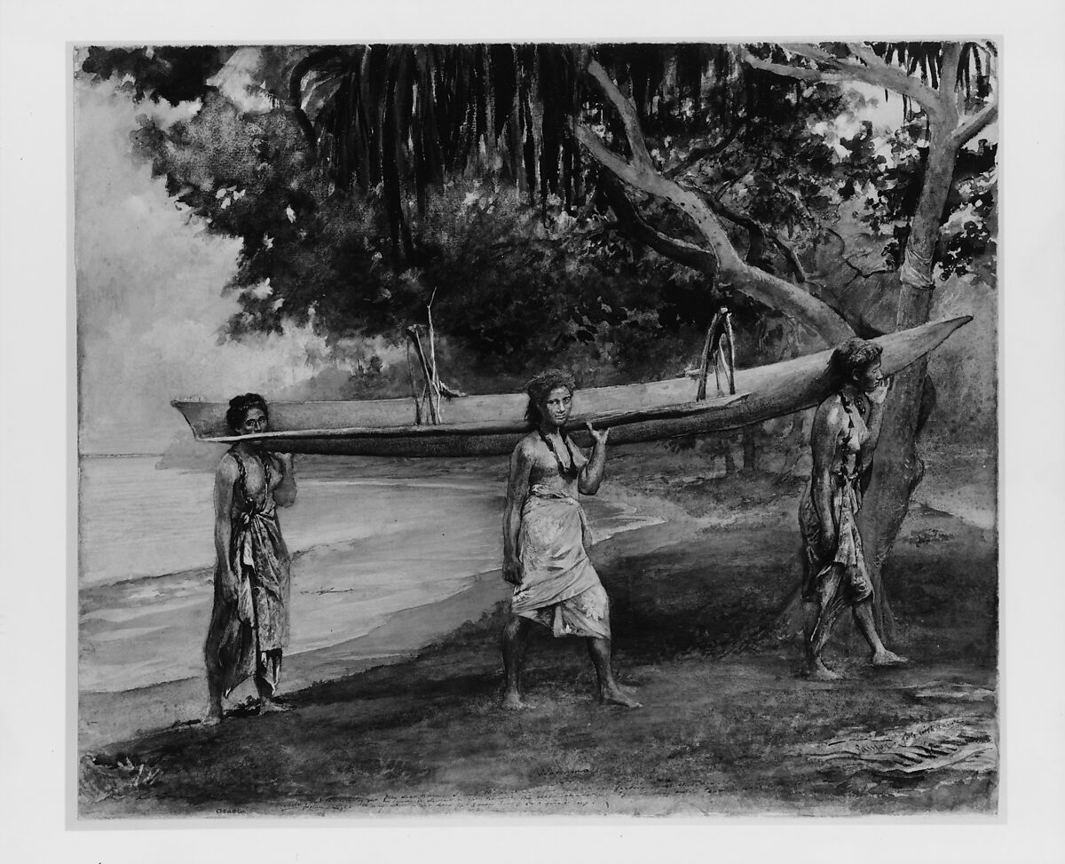 Girls Carrying a Canoe, Vaiala in Samoa, John La Farge (American, New York 1835–1910 Providence, Rhode Island), Watercolor, gouache, and graphite on off-white wove paper, American