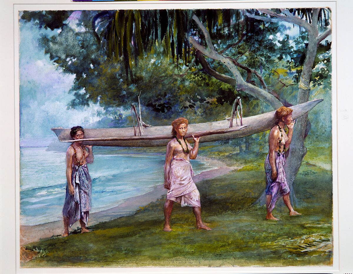 Girls Carrying a Canoe, Vaiala in Samoa, John La Farge (American, New York 1835–1910 Providence, Rhode Island), Watercolor, gouache, and graphite on off-white wove paper, American