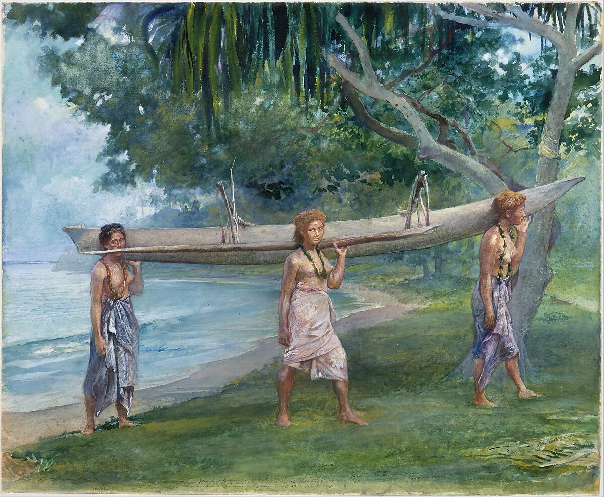 Girls Carrying a Canoe, Vaiala in Samoa, John La Farge (American, New York 1835–1910 Providence, Rhode Island), Watercolor, gouache, and graphite on off-white wove paper, American 