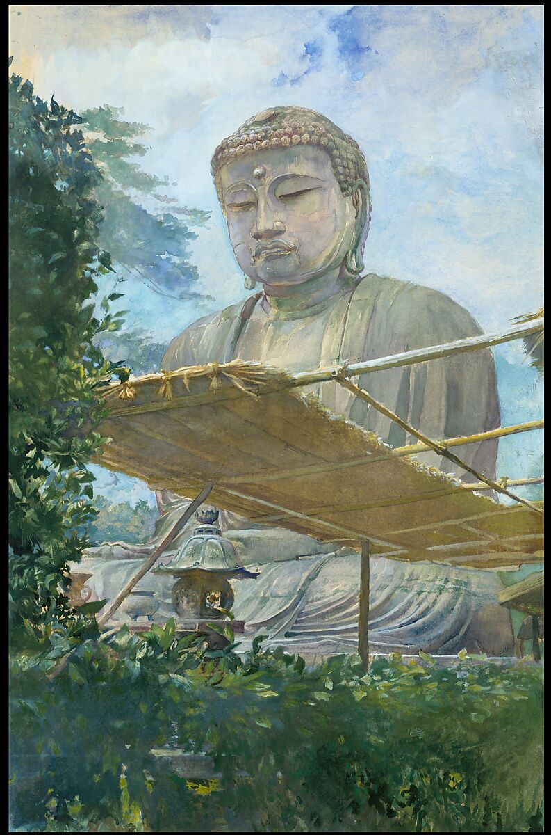 The Great Statue of Amida Buddha at Kamakura, Known as the Daibutsu, from the Priest's Garden, John La Farge (American, New York 1835–1910 Providence, Rhode Island), Watercolor and gouache on off-white wove paper, American 