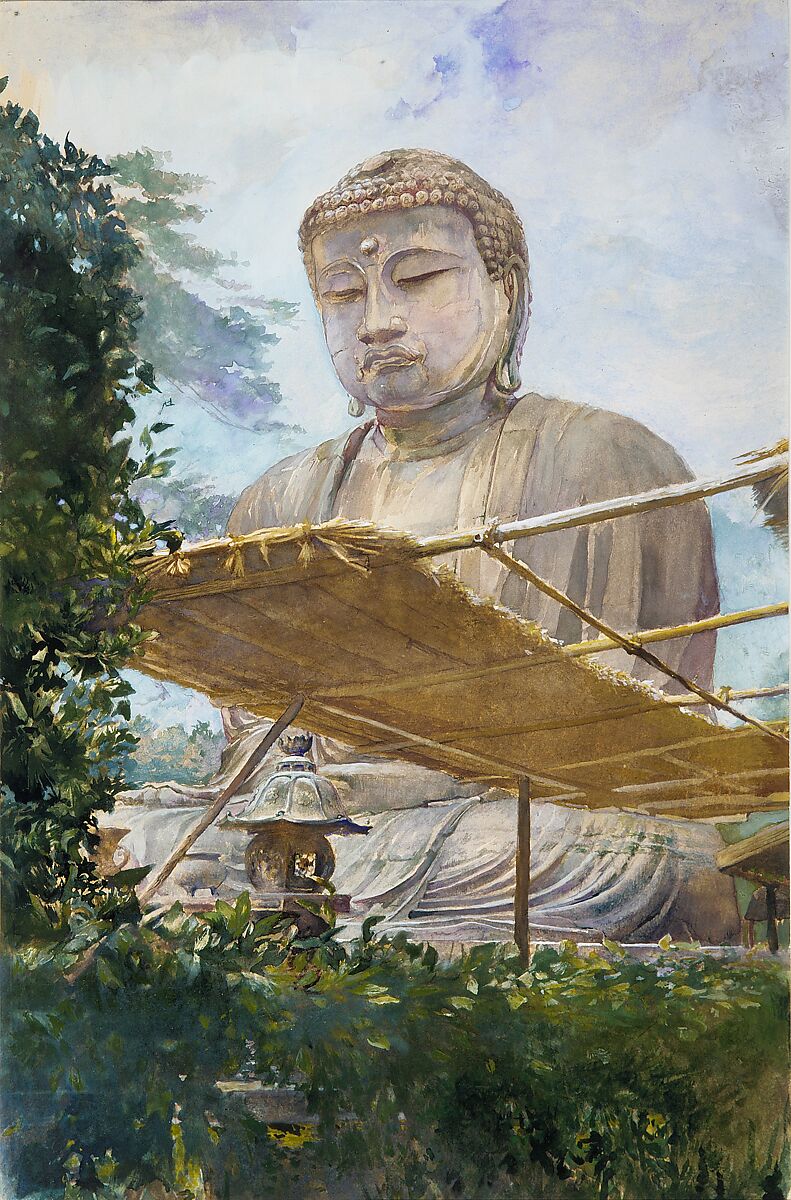 The Great Statue of Amida Buddha at Kamakura, Known as the Daibutsu, from the Priest's Garden, John La Farge (American, New York 1835–1910 Providence, Rhode Island), Watercolor and gouache on off-white wove paper, American