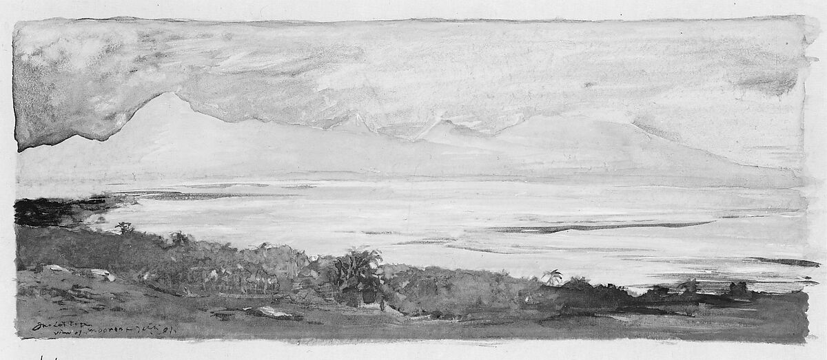 The Island of Moorea Looking across the Strait from Tahiti, January 1891, John La Farge (American, New York 1835–1910 Providence, Rhode Island), Watercolor, gouache and graphite on heavy tan wove paper, American