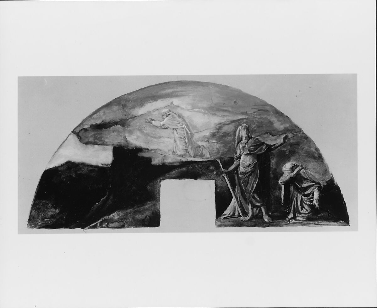 The Moral and Divine Law: Moses Receives the Law on Mount Sinai; Color Study for Mural, Supreme Court Room, Minnesota State Capitol, Saint Paul, John La Farge (American, New York 1835–1910 Providence, Rhode Island), Watercolor, gouache with gum arabic, and graphite on olive-green wove paper, American