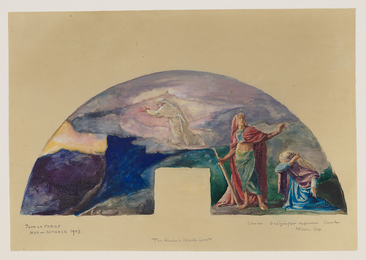 The Moral and Divine Law: Moses Receives the Law on Mount Sinai; Color Study for Mural, Supreme Court Room, Minnesota State Capitol, Saint Paul, John La Farge (American, New York 1835–1910 Providence, Rhode Island), Watercolor, gouache with gum arabic, and graphite on olive-green wove paper, American 