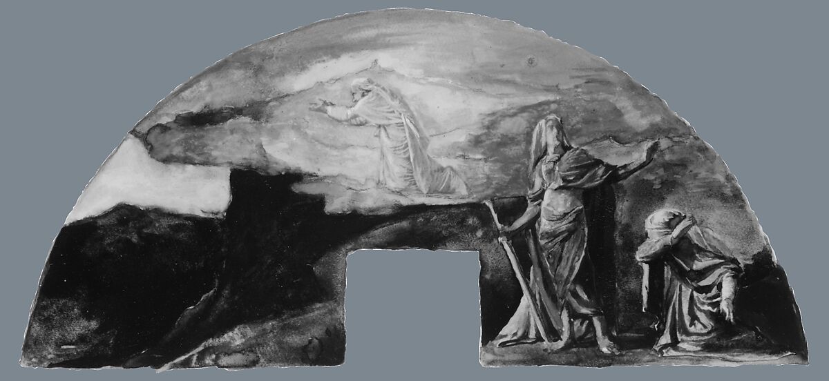 The Moral and Divine Law: Moses Receives the Law on Mount Sinai; Color Study for Mural, Supreme Court Room, Minnesota State Capitol, Saint Paul, John La Farge (American, New York 1835–1910 Providence, Rhode Island), Watercolor, gouache with gum arabic, and graphite on olive-green wove paper, American