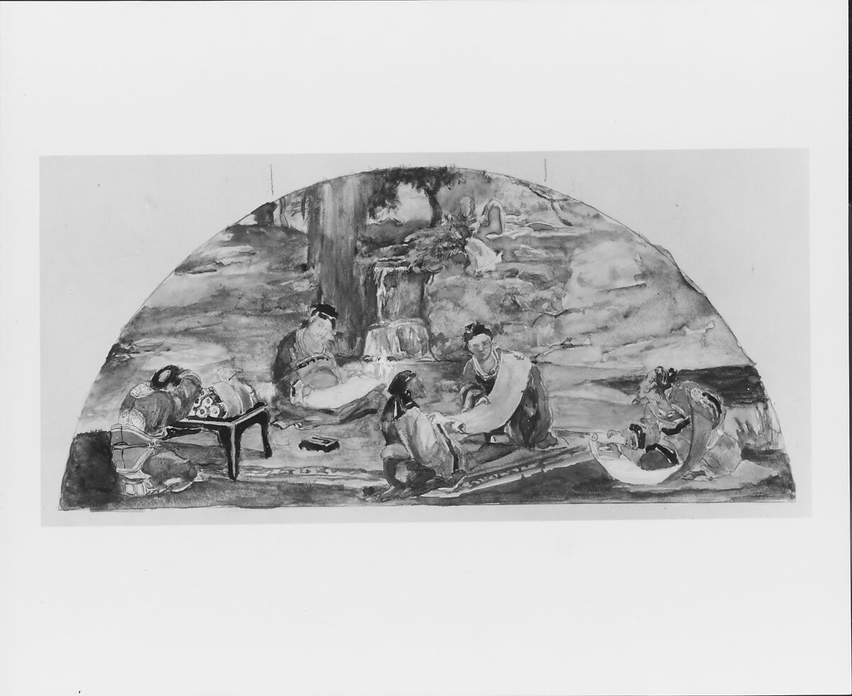 The Recording of Precedents: Confucius and His Pupils Collate and Transcribe Documents in Their Favorite Grove; Color Study for Mural, Supreme Court Room, Minnesota State Capitol, Saint Paul, John La Farge (American, New York 1835–1910 Providence, Rhode Island), Gouache, watercolor, gum arabic, and graphite on tan wove paper, American