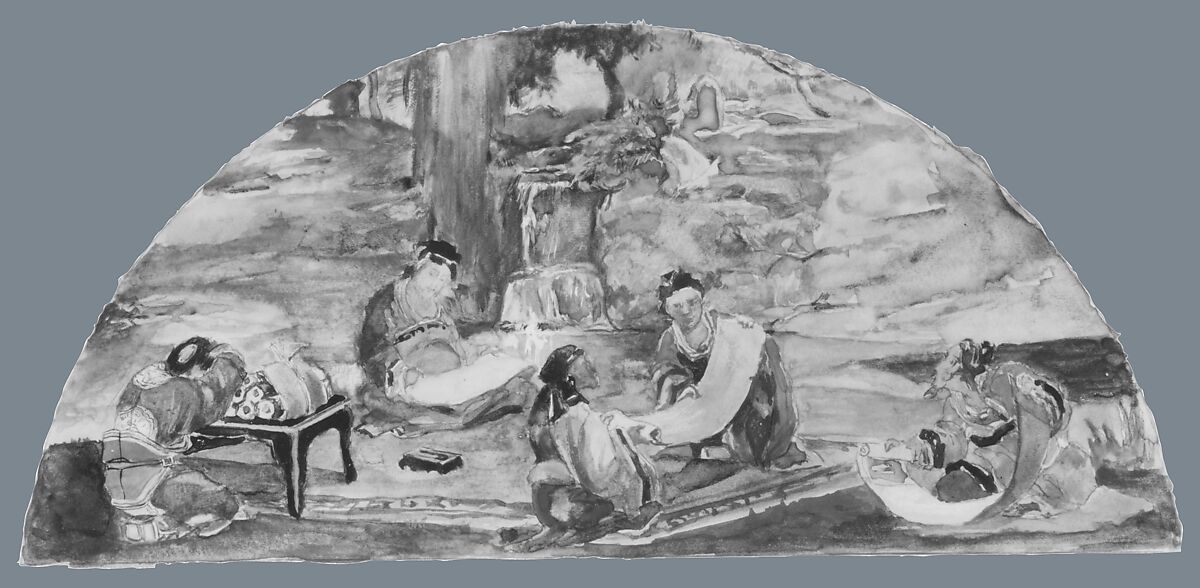 The Recording of Precedents: Confucius and His Pupils Collate and Transcribe Documents in Their Favorite Grove; Color Study for Mural, Supreme Court Room, Minnesota State Capitol, Saint Paul, John La Farge (American, New York 1835–1910 Providence, Rhode Island), Gouache, watercolor, gum arabic, and graphite on tan wove paper, American 