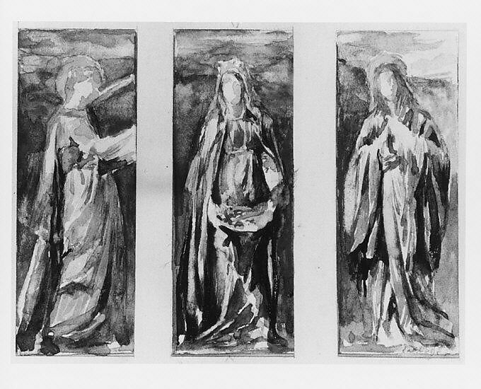 Three Saints (Alternate Study for Chapel Windows, Caldwell House, Newport), John La Farge (American, New York 1835–1910 Providence, Rhode Island), Watercolor and gouache on white wove paper mounted on gray pulpboard, with cut-out "mat" of off-white laid paper, American 