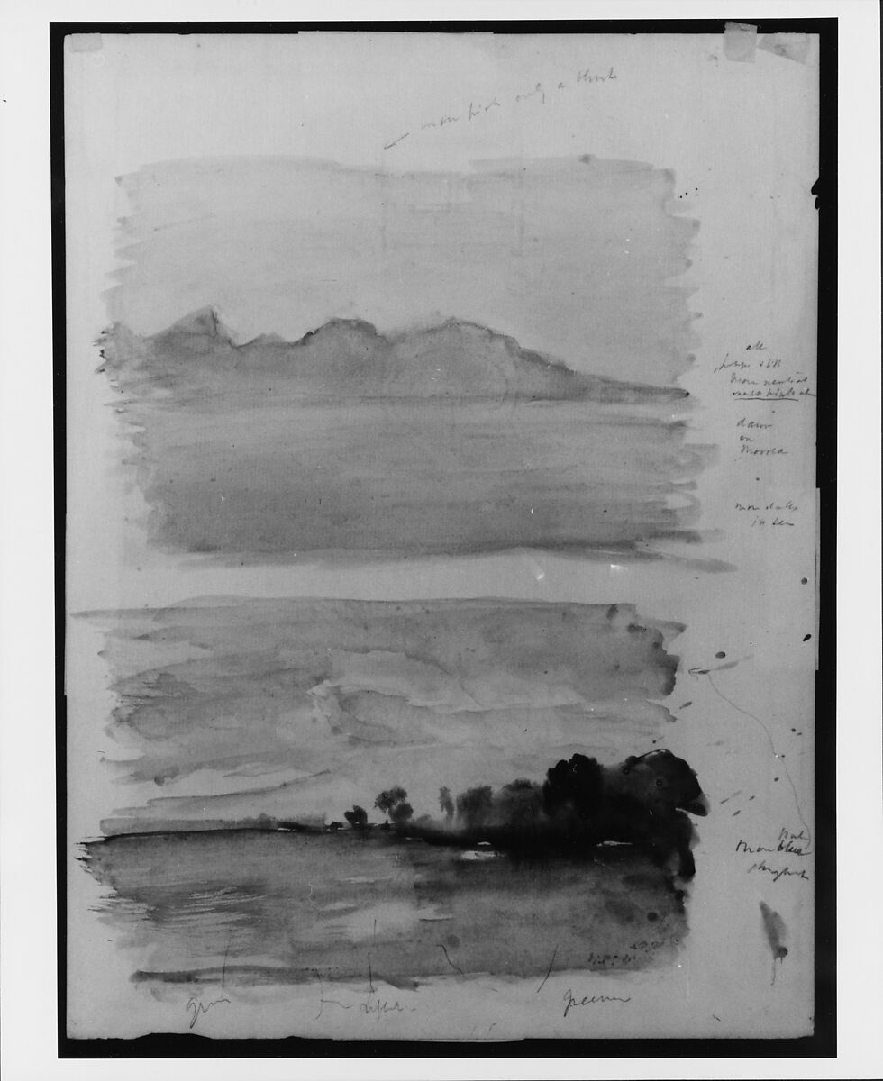 Double Study of Dawn, Moorea Seen across the Water, Tahiti, John La Farge (American, New York 1835–1910 Providence, Rhode Island), Watercolor, gouache and graphite on laid paper, American 