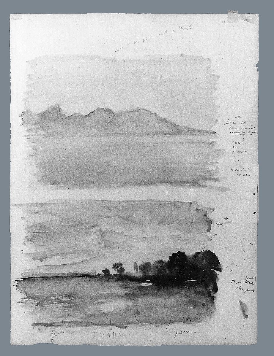 Double Study of Dawn, Moorea Seen across the Water, Tahiti, John La Farge (American, New York 1835–1910 Providence, Rhode Island), Watercolor, gouache and graphite on laid paper, American