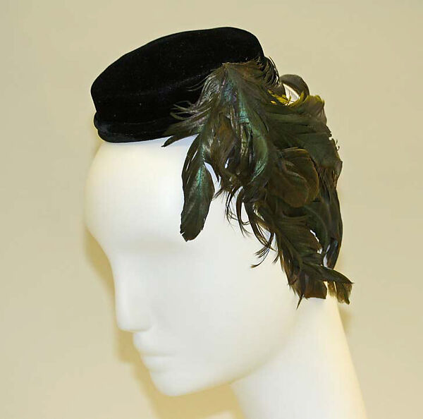 Pillbox hat, velvet (probably rayon), American 