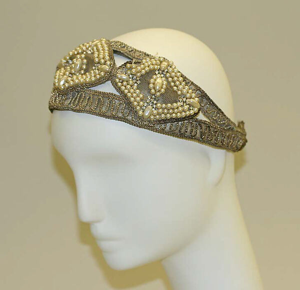 Headdress, metal (silver), cotton, glass, plastic, American or European 
