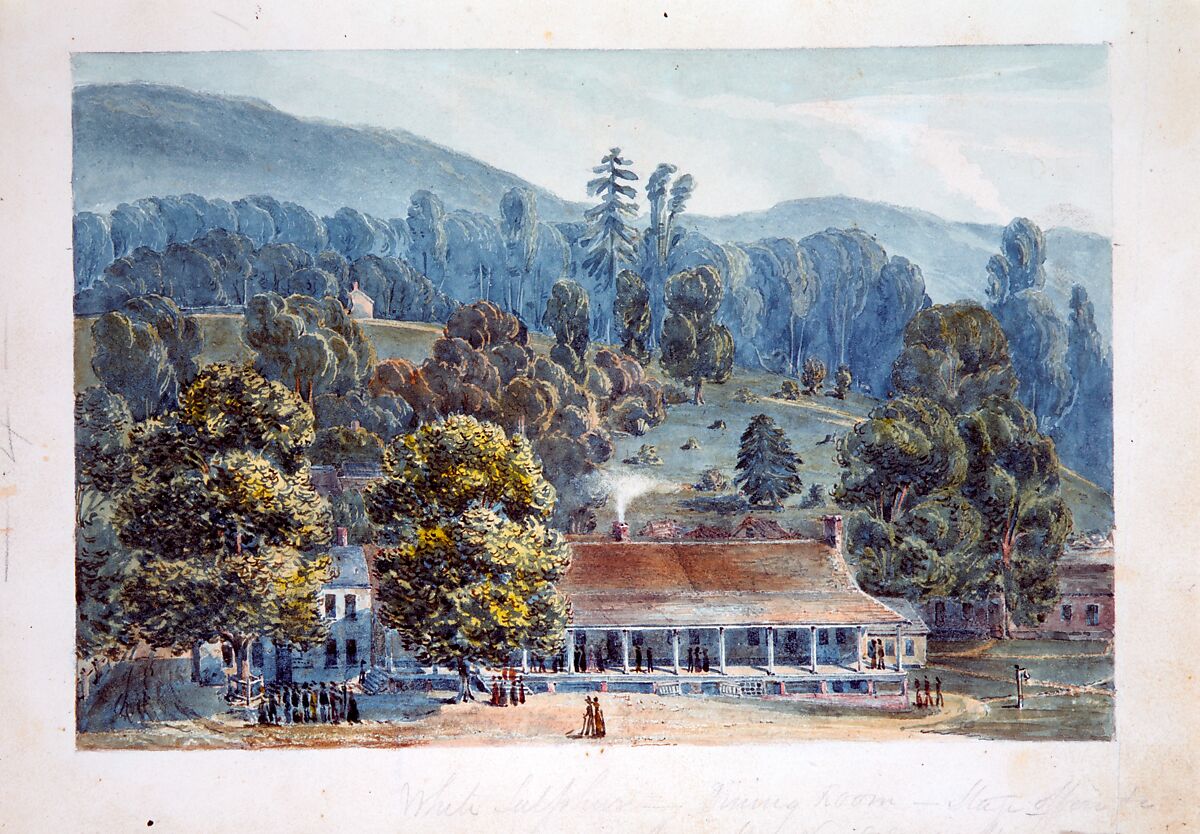 Dining Room and Stage Offices at White Sulphur Springs, John Hazelhurst Boneval Latrobe (1803–1891), Watercolor on off-white wove paper, American