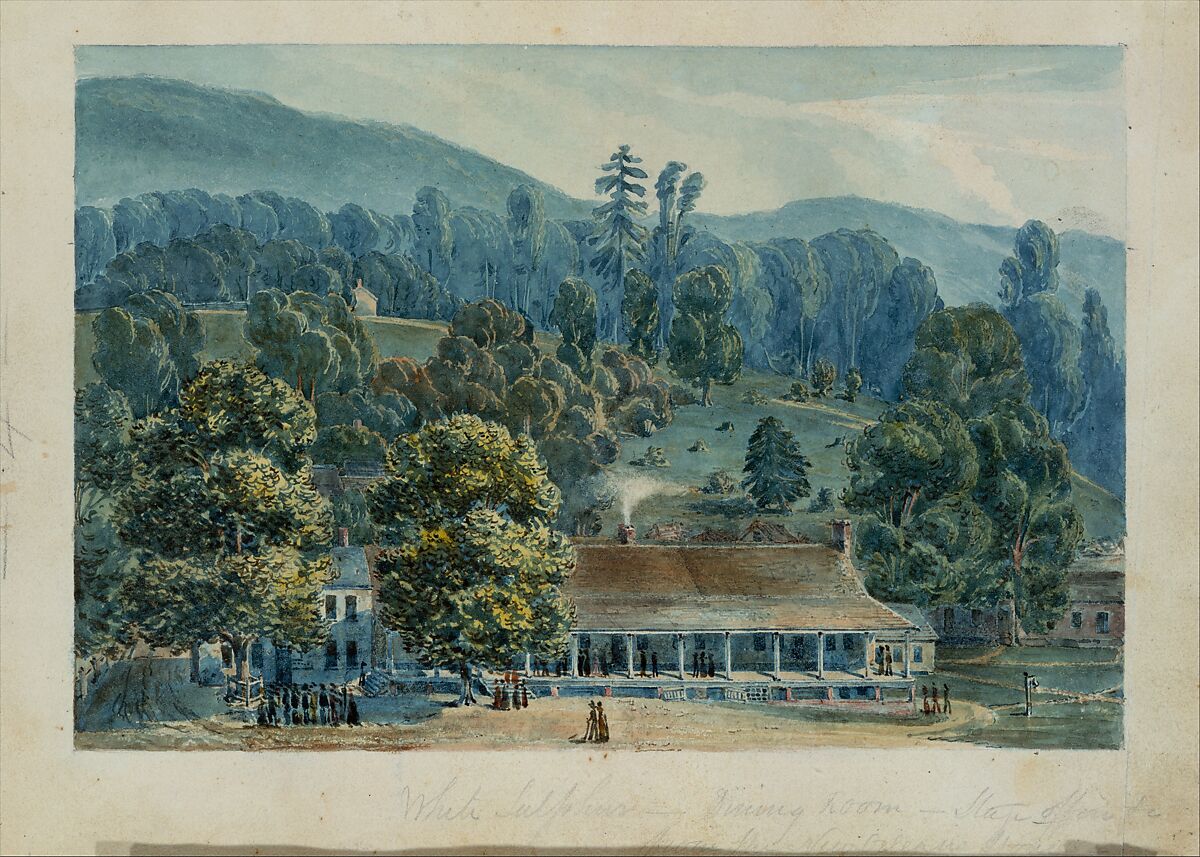 Dining Room and Stage Offices at White Sulphur Springs, John Hazelhurst Boneval Latrobe (1803–1891), Watercolor on off-white wove paper, American 